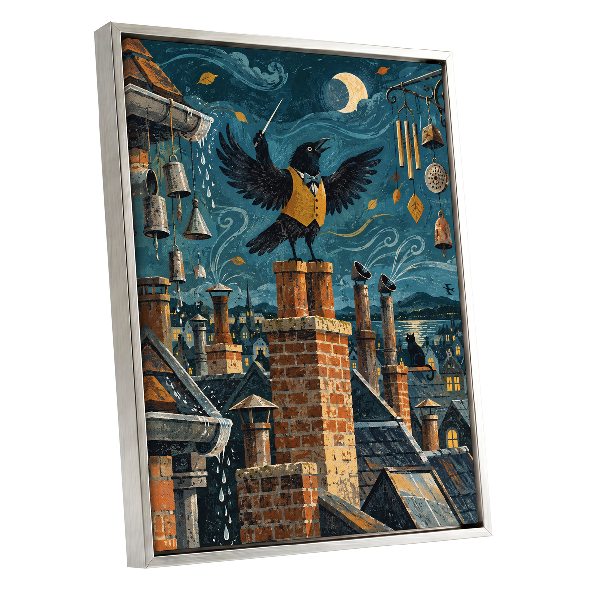 Rooftop Rhapsody, blue, black, orange abstract wall art shown as a silver framed canvas wall art