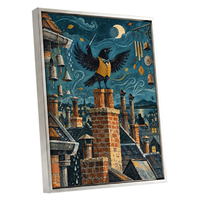 Rooftop Rhapsody, blue, black, orange abstract wall art shown as a silver framed canvas wall art