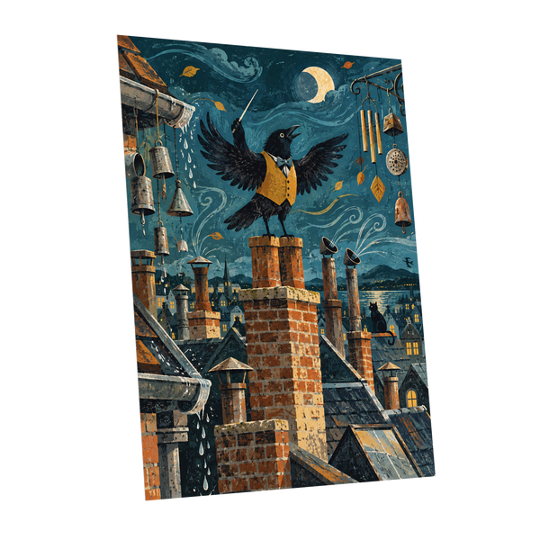 Rooftop Rhapsody, blue, black, orange abstract wall art shown as a unframed poster wall art print