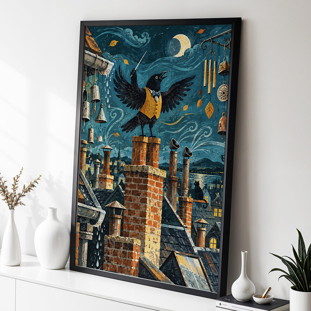 Rooftop Rhapsody, blue, black, orange abstract wall art displayed in a styled interior, gallery view 2