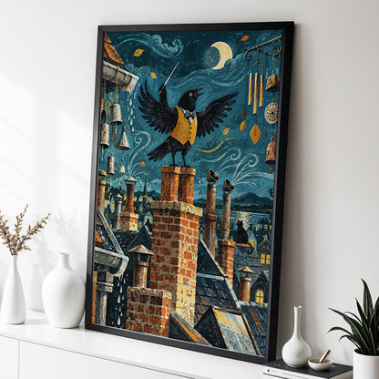 Rooftop Rhapsody, blue, black, orange abstract wall art displayed in a styled interior, gallery view 2