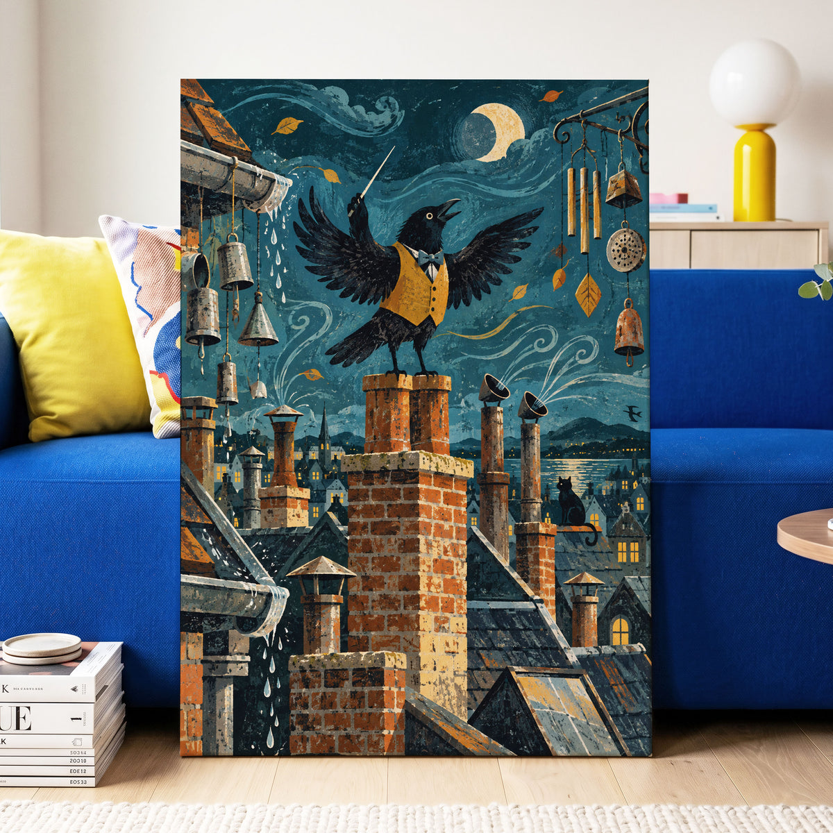Rooftop Rhapsody, blue, black, orange abstract wall art displayed in a styled interior, gallery view 3