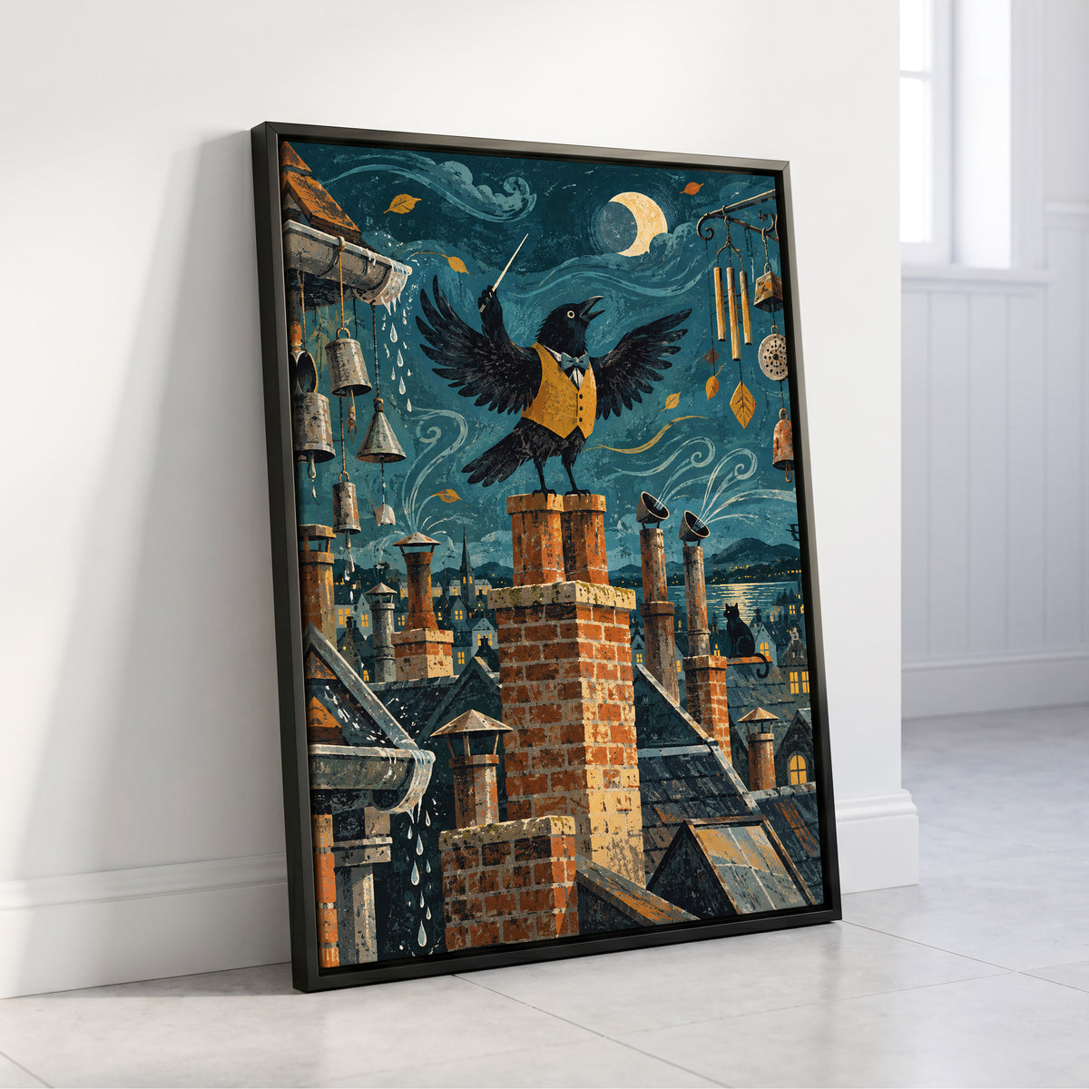Rooftop Rhapsody, blue, black, orange abstract wall art displayed in a styled interior, gallery view 4