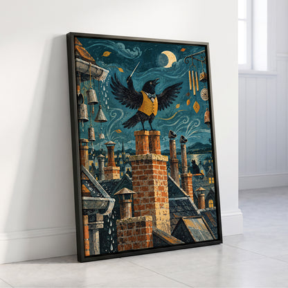 Rooftop Rhapsody, blue, black, orange abstract wall art displayed in a styled interior, gallery view 4