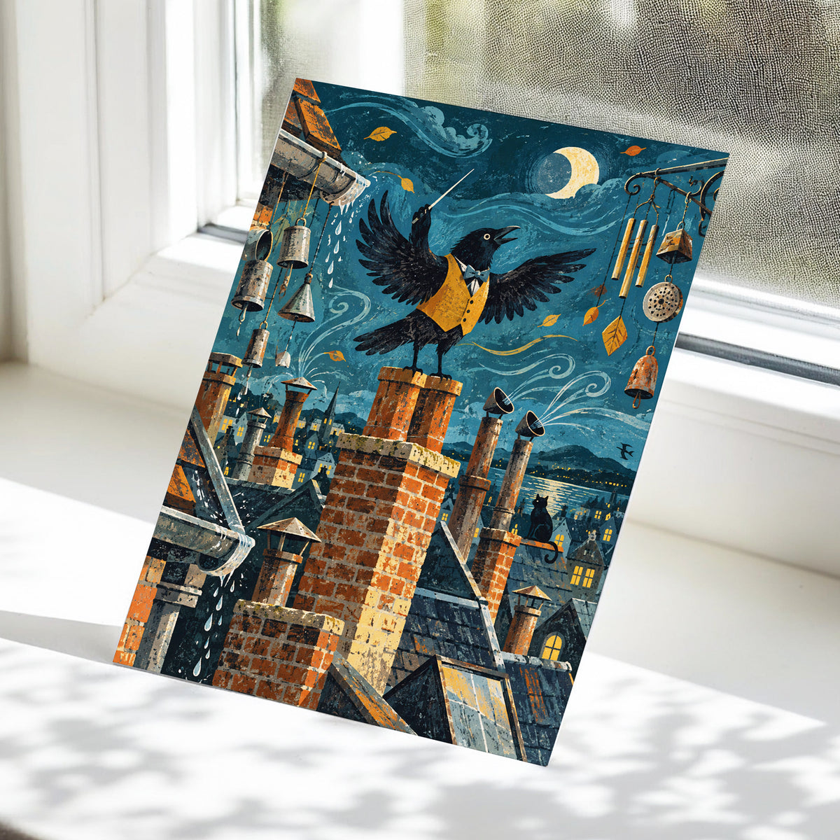 Rooftop Rhapsody, blue, black, orange abstract wall art displayed in a styled interior, gallery view 5