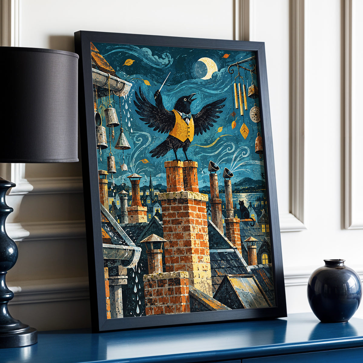 Rooftop Rhapsody, blue, black, orange abstract wall art displayed in a styled interior, gallery view 6