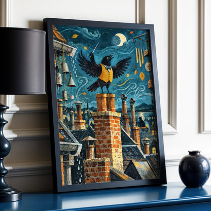 Rooftop Rhapsody, blue, black, orange abstract wall art displayed in a styled interior, gallery view 6