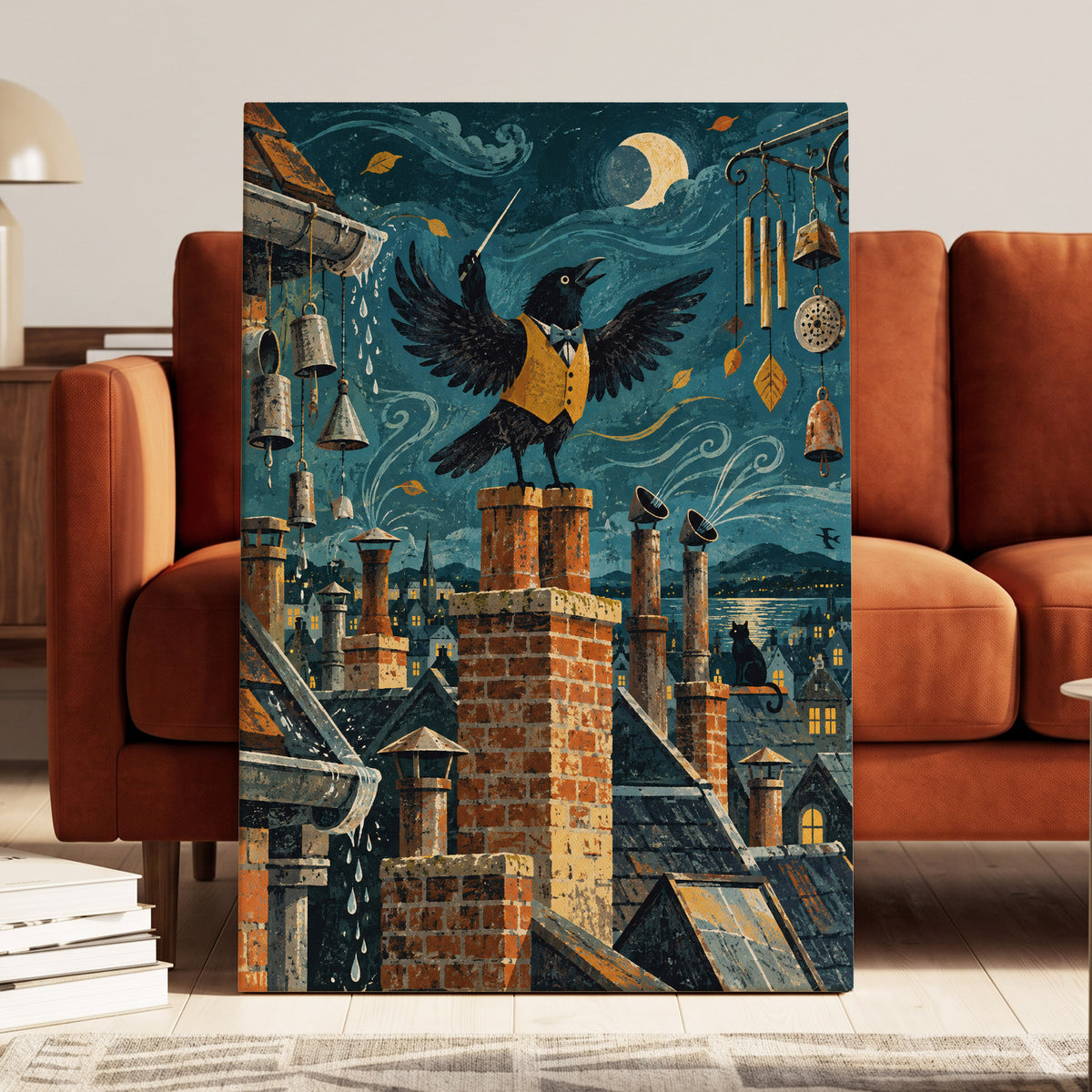 Rooftop Rhapsody, blue, black, orange abstract wall art displayed in a styled interior, gallery view 7