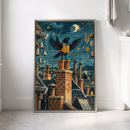 Rooftop Rhapsody, blue, black, orange abstract wall art displayed in a styled interior, gallery view 8