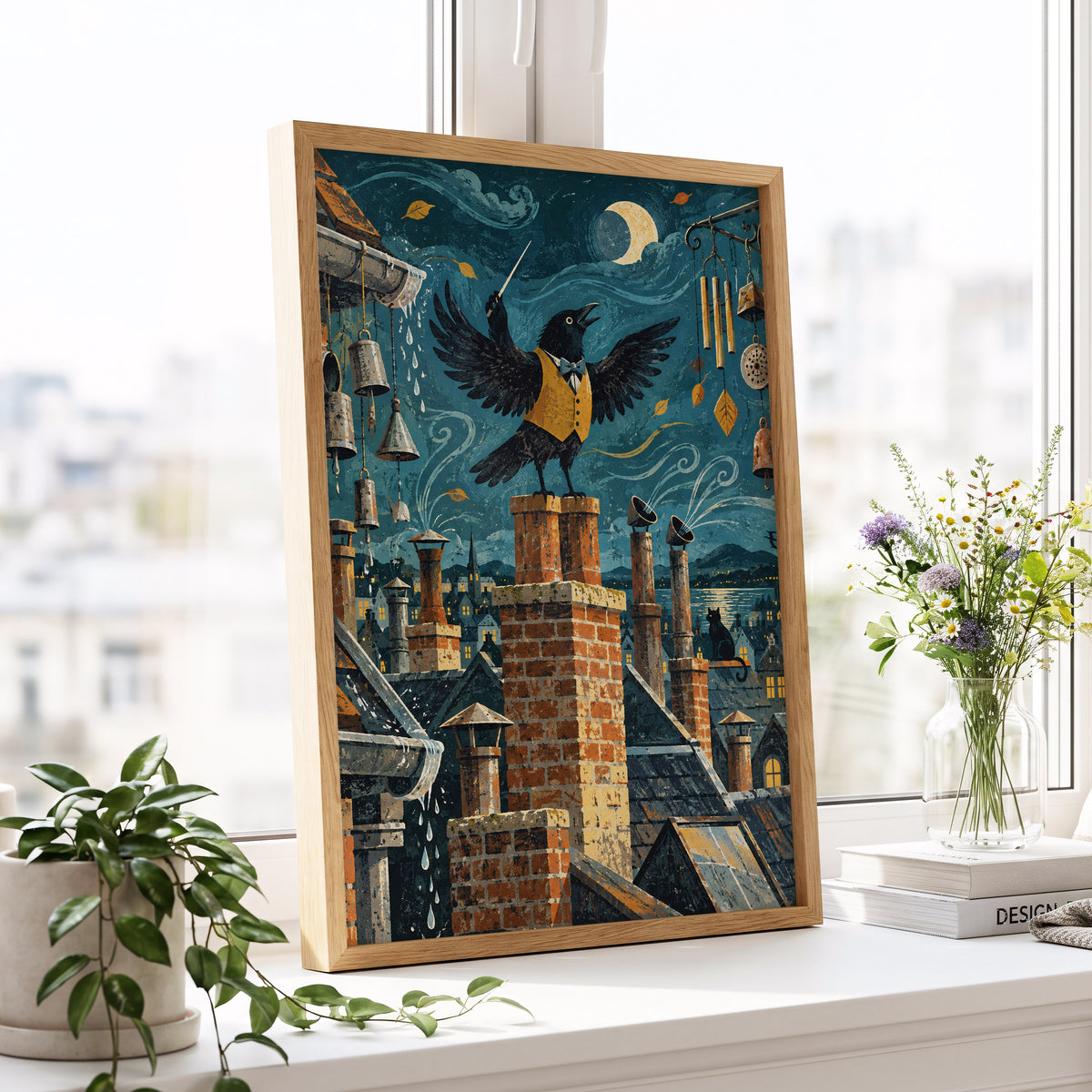 Rooftop Rhapsody, blue, black, orange abstract wall art displayed in a styled interior, gallery view 9