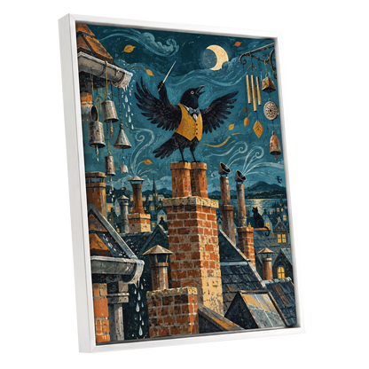 Rooftop Rhapsody, blue, black, orange abstract wall art shown as a white framed canvas wall art