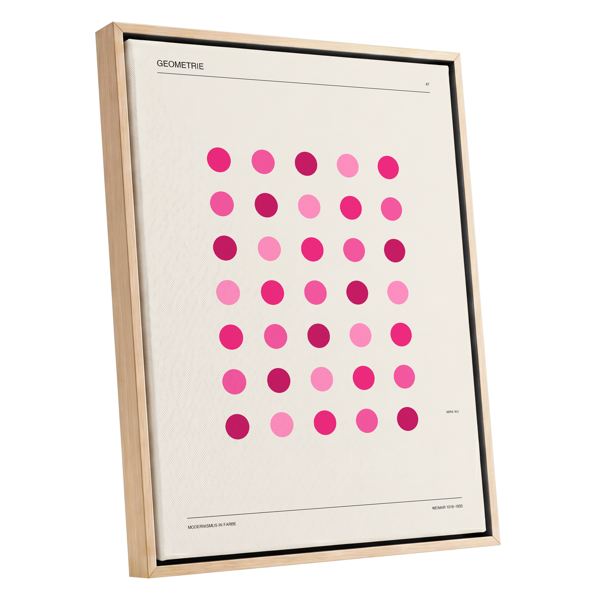 Rosa Rhythm, pink, beige, black minimalist wall art shown as a oak framed canvas wall art