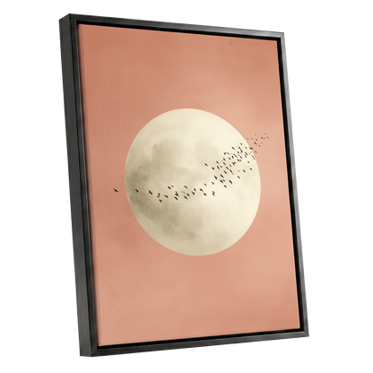 Rose Moon Migration, pink, white, black nature wall art shown as a black framed canvas wall art