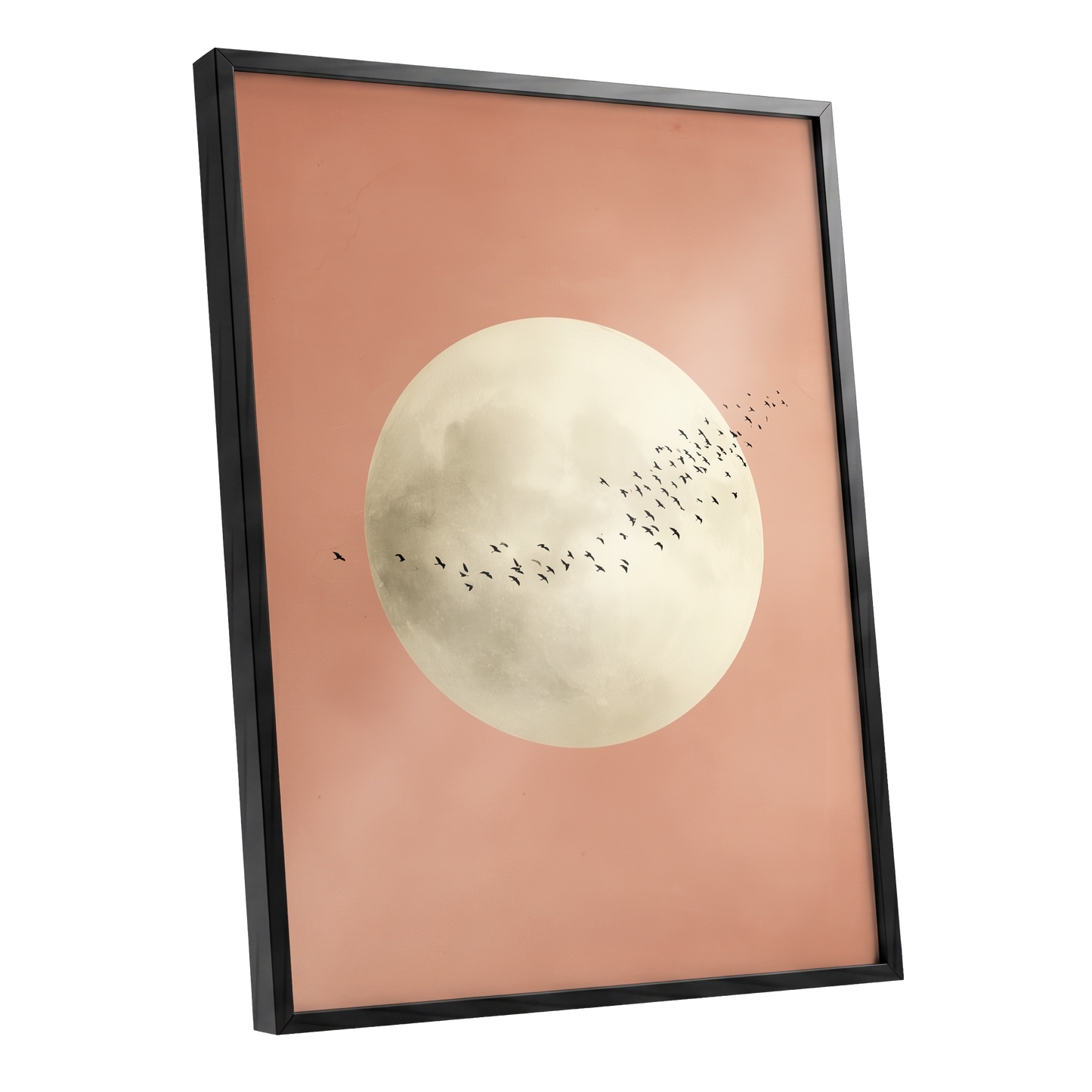 Rose Moon Migration, pink, white, black nature wall art shown as a black framed poster wall art print