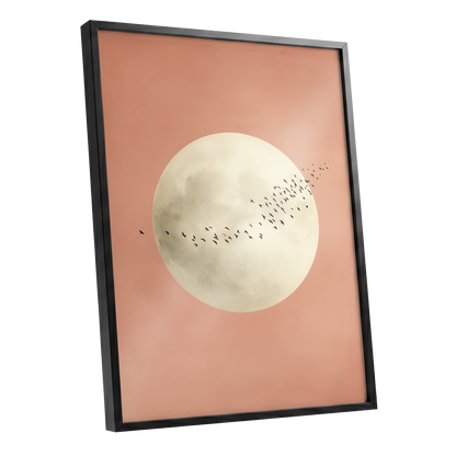 Rose Moon Migration, pink, white, black nature wall art shown as a black framed poster wall art print