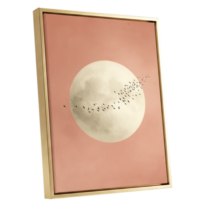 Rose Moon Migration, pink, white, black nature wall art shown as a gold framed canvas wall art