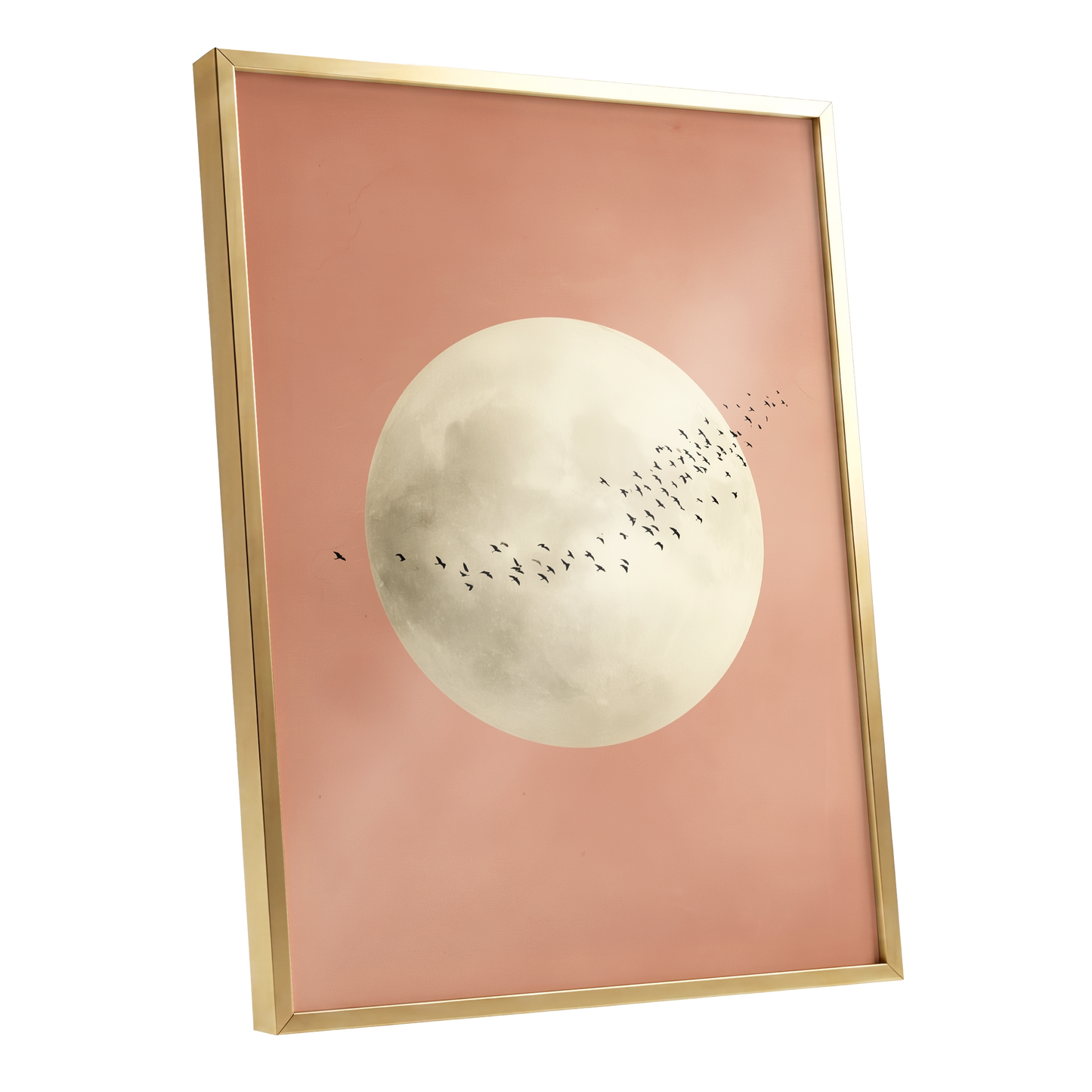 Rose Moon Migration, pink, white, black nature wall art shown as a gold framed poster wall art print
