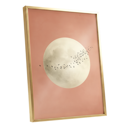 Rose Moon Migration, pink, white, black nature wall art shown as a gold framed poster wall art print