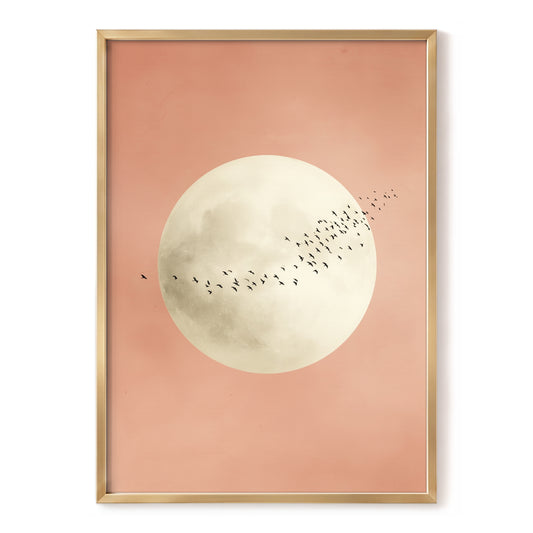 Rose Moon Migration, pink, white, black nature wall art, front artwork view