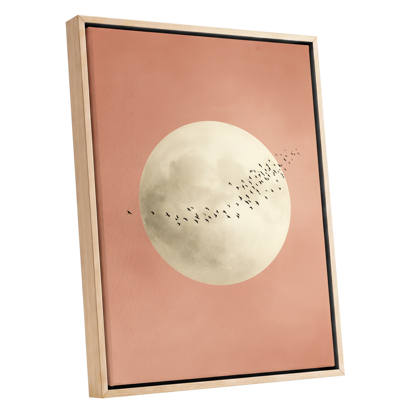 Rose Moon Migration, pink, white, black nature wall art shown as a oak framed canvas wall art