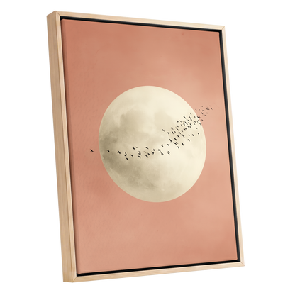 Rose Moon Migration, pink, white, black nature wall art shown as a oak framed canvas wall art