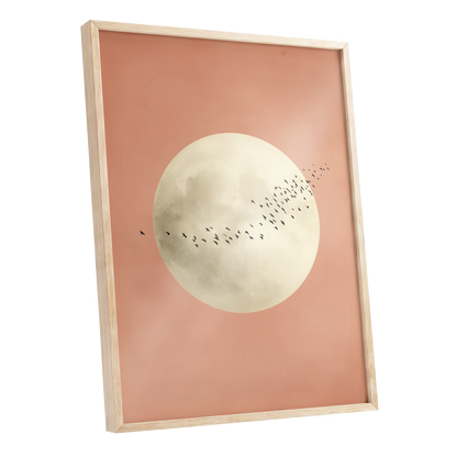 Rose Moon Migration, pink, white, black nature wall art shown as a oak framed poster wall art print