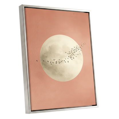 Rose Moon Migration, pink, white, black nature wall art shown as a silver framed canvas wall art