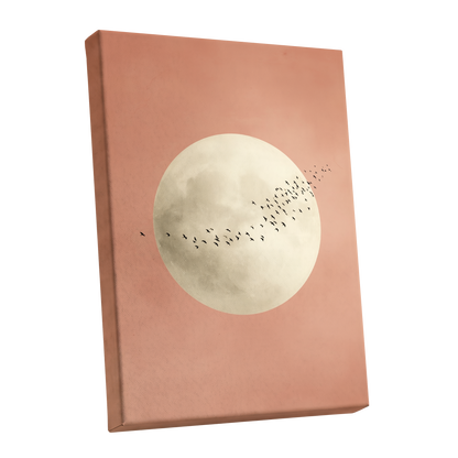 Rose Moon Migration, pink, white, black nature wall art shown as a stretched canvas wall art