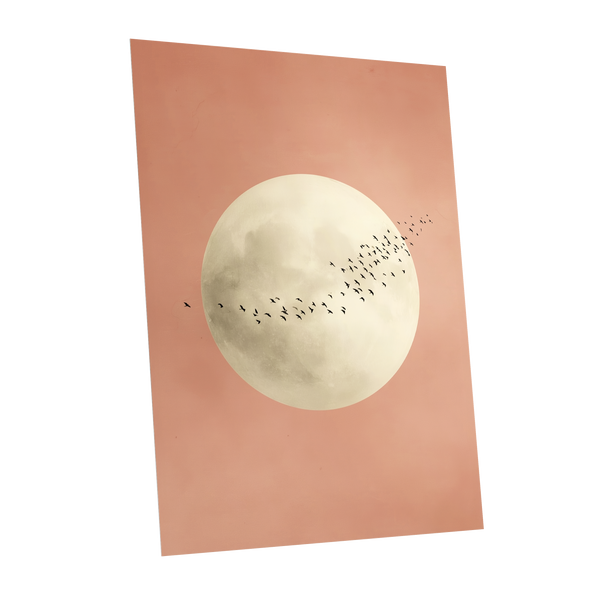 Rose Moon Migration, pink, white, black nature wall art shown as a unframed poster wall art print