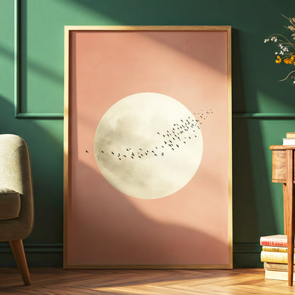 Rose Moon Migration, pink, white, black nature wall art displayed in a styled interior, gallery view 2