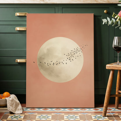 Rose Moon Migration, pink, white, black nature wall art displayed in a styled interior, gallery view 3
