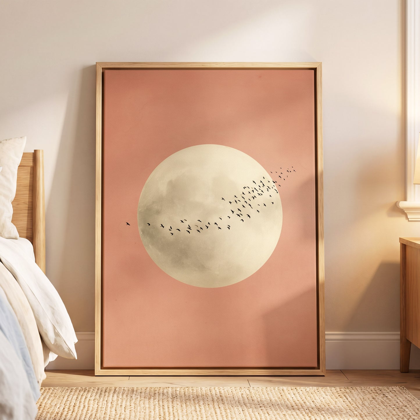 Rose Moon Migration, pink, white, black nature wall art displayed in a styled interior, gallery view 4