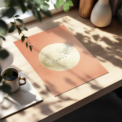 Rose Moon Migration, pink, white, black nature wall art displayed in a styled interior, gallery view 5