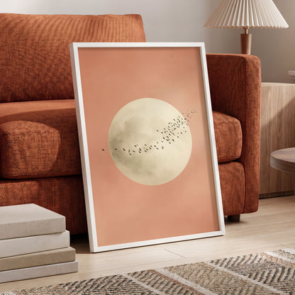 Rose Moon Migration, pink, white, black nature wall art displayed in a styled interior, gallery view 6