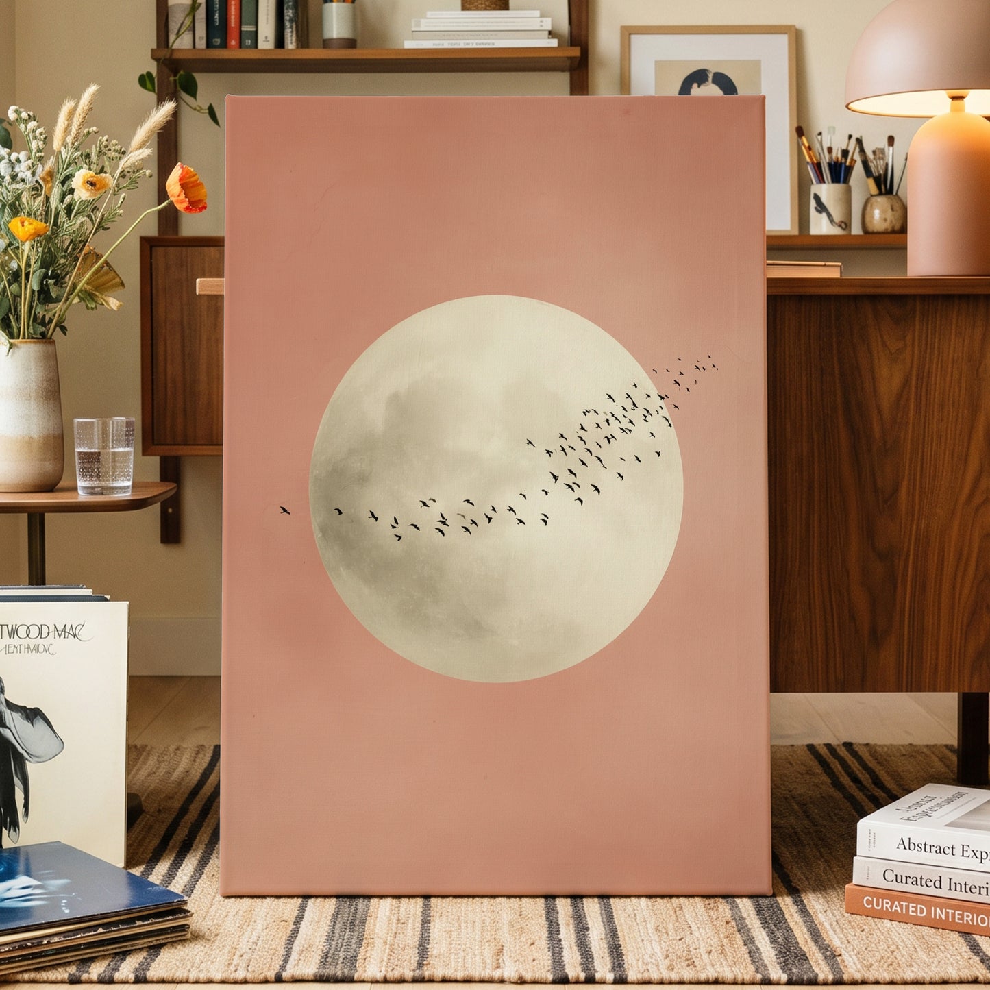 Rose Moon Migration, pink, white, black nature wall art displayed in a styled interior, gallery view 7