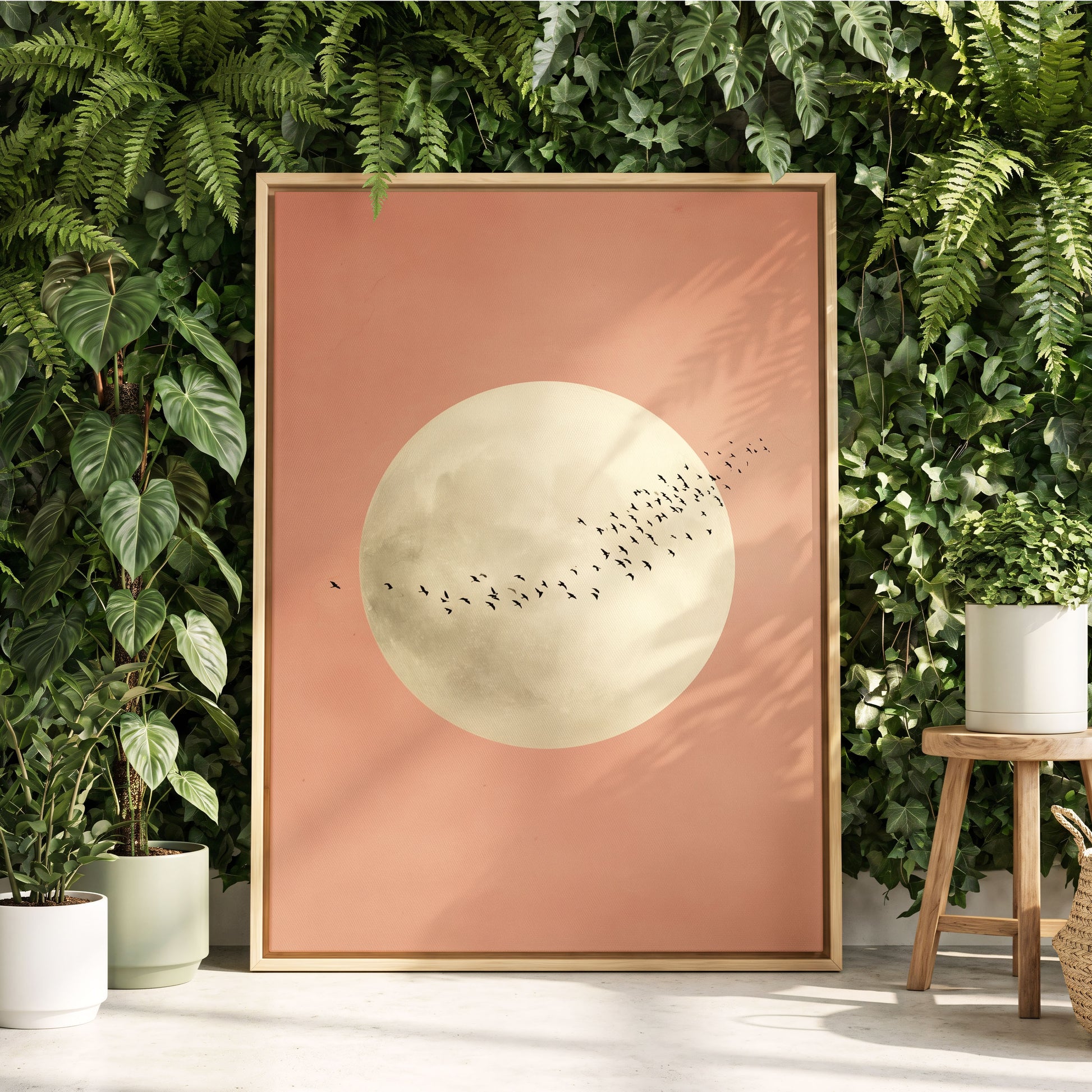 Rose Moon Migration, pink, white, black nature wall art displayed in a styled interior, gallery view 8