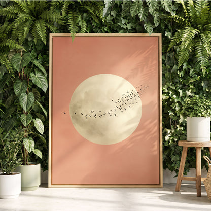 Rose Moon Migration, pink, white, black nature wall art displayed in a styled interior, gallery view 8