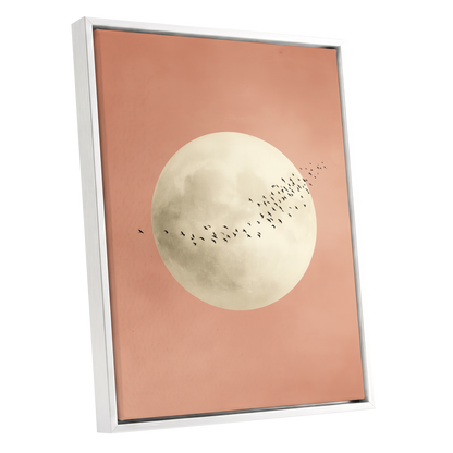 Rose Moon Migration, pink, white, black nature wall art shown as a white framed canvas wall art