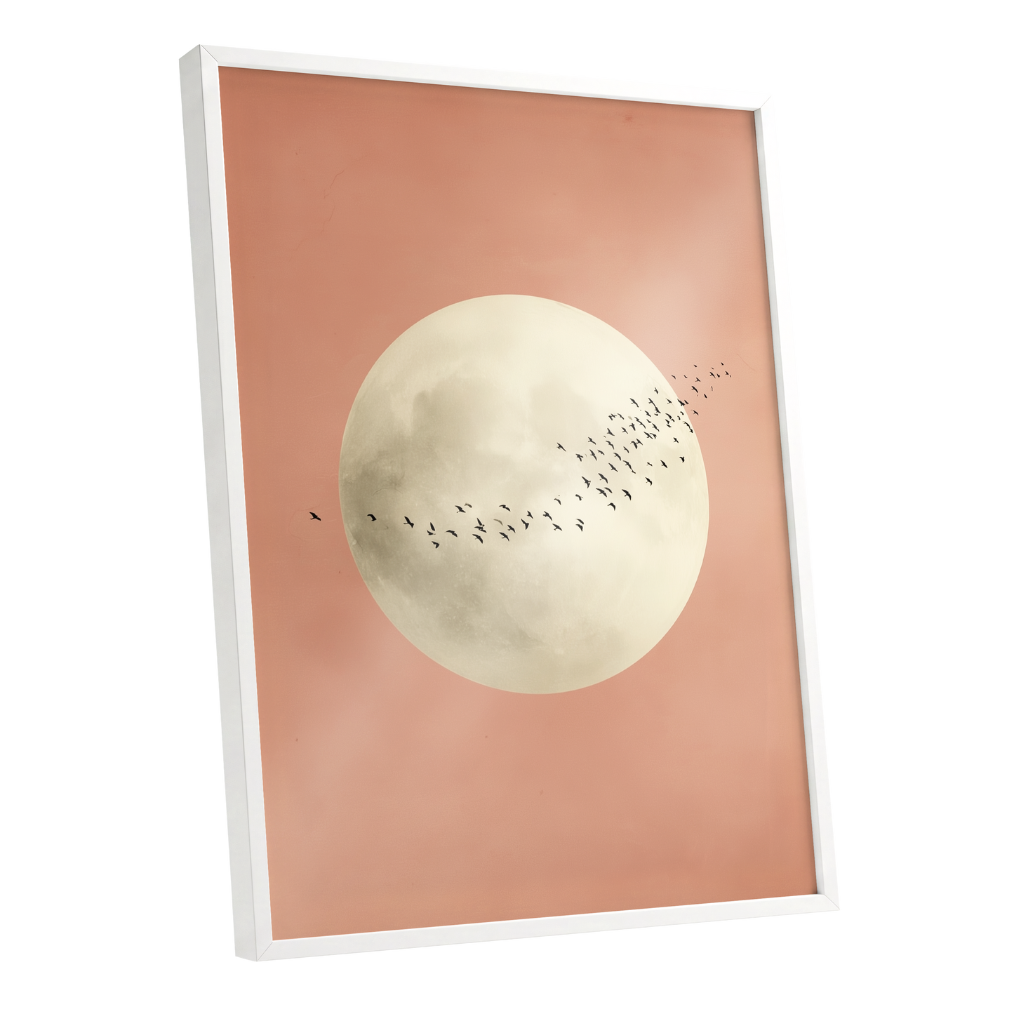 Rose Moon Migration, pink, white, black nature wall art shown as a white framed poster wall art print