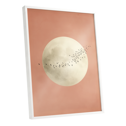 Rose Moon Migration, pink, white, black nature wall art shown as a white framed poster wall art print