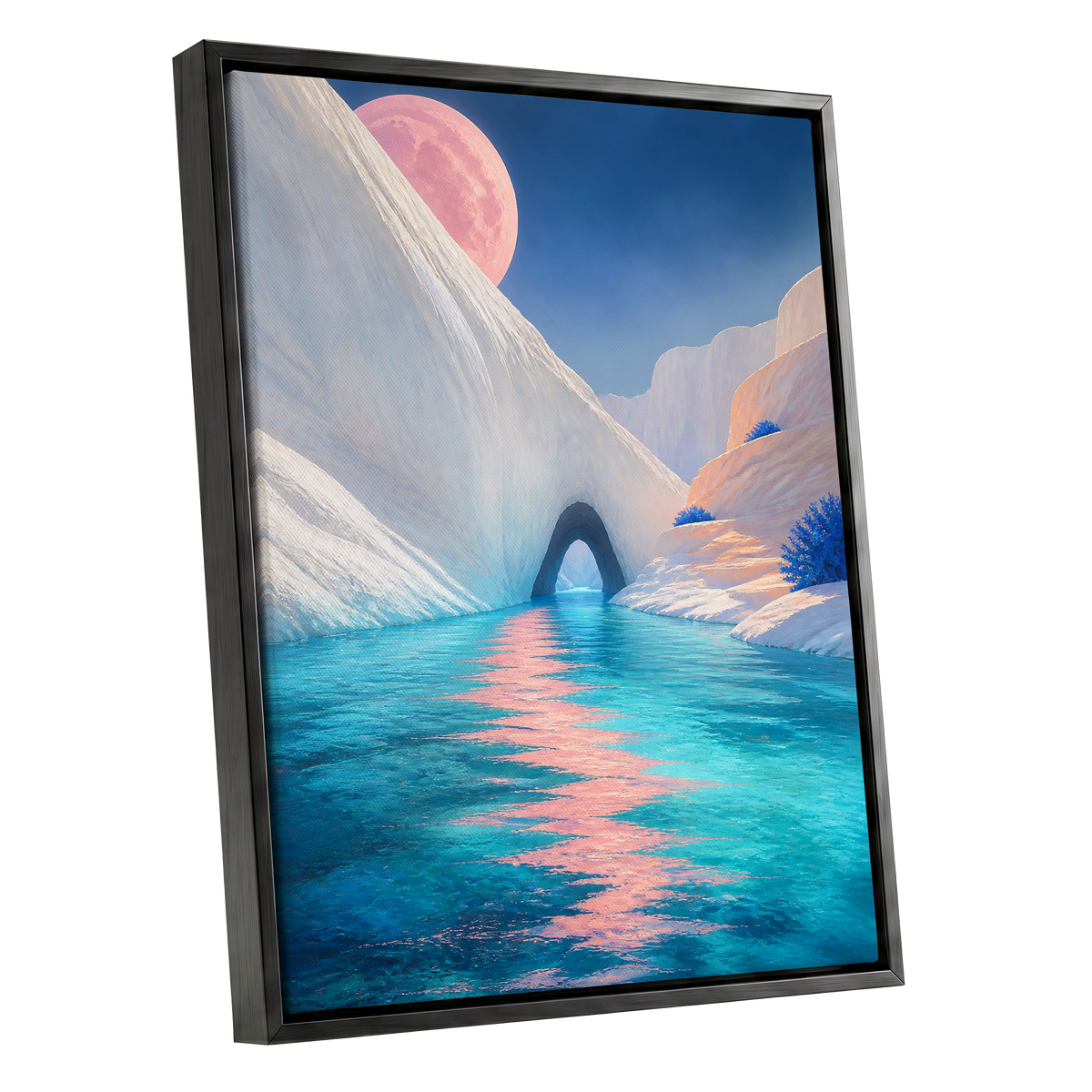 Rose Moon Passage, blue, pink, white nature wall art shown as a black framed canvas wall art
