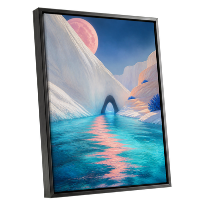 Rose Moon Passage, blue, pink, white nature wall art shown as a black framed canvas wall art