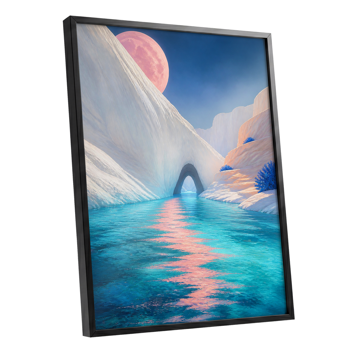 Rose Moon Passage, blue, pink, white nature wall art shown as a black framed poster wall art print