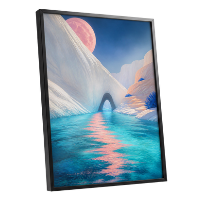 Rose Moon Passage, blue, pink, white nature wall art shown as a black framed poster wall art print