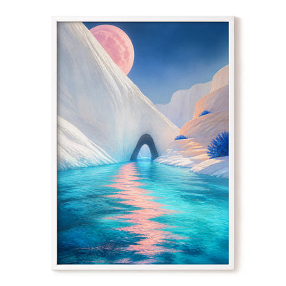 Rose Moon Passage, blue, pink, white nature wall art, front artwork view