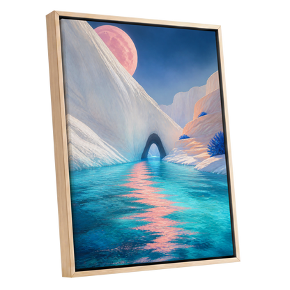 Rose Moon Passage, blue, pink, white nature wall art shown as a oak framed canvas wall art