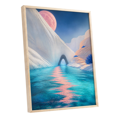 Rose Moon Passage, blue, pink, white nature wall art shown as a oak framed poster wall art print