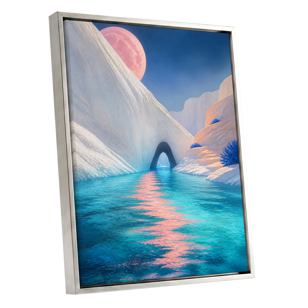 Rose Moon Passage, blue, pink, white nature wall art shown as a silver framed canvas wall art