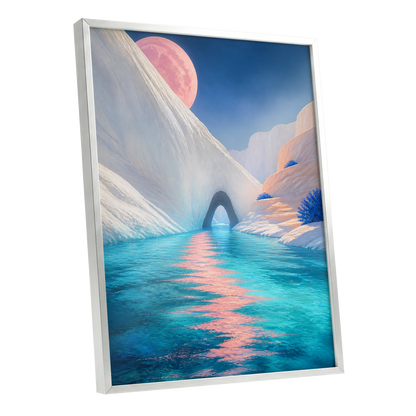 Rose Moon Passage, blue, pink, white nature wall art shown as a silver framed poster wall art print