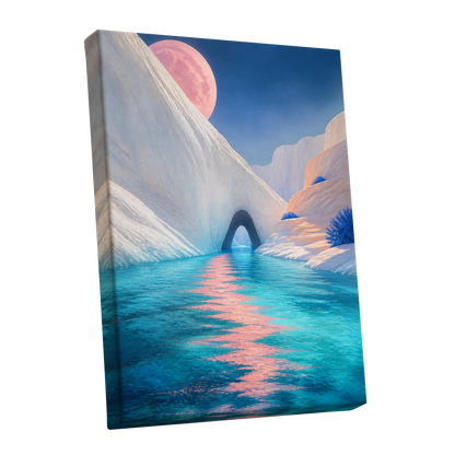 Rose Moon Passage, blue, pink, white nature wall art shown as a stretched canvas wall art